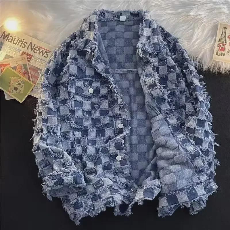 Унисекс ретро-джинсовая куртка в клетку - модный весенне-осенний дизайн High Street Chessboard