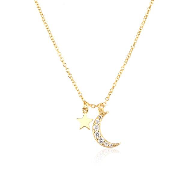 925 Sterling Silver Gold Zircon CZ Moon Star Pendant Charm Long Chain Necklace Women Wedding Jewelry Crystal Luxury