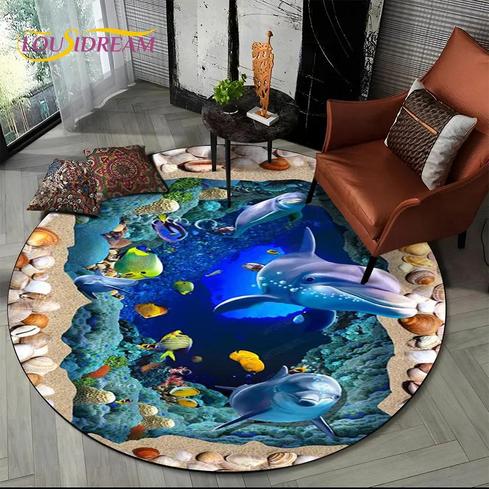 Круглый ковер 3D Иллюзия Морского Дна Дельфин, Коврик с Принтом Подводного Мира Нескользящий для Гостиной, Спальни, Игровой Комнаты, Декора Дома