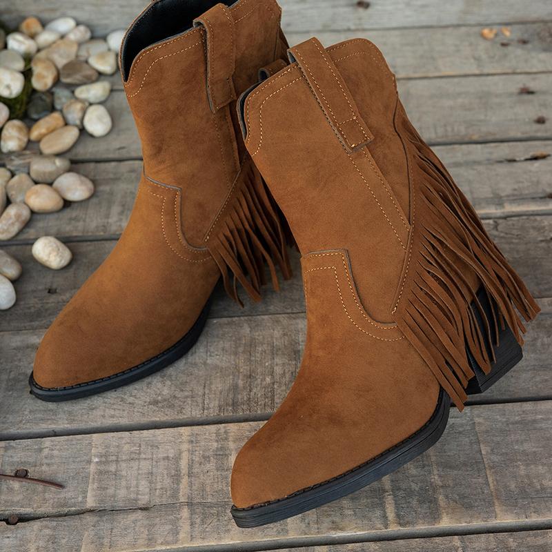 Ретро Бахрома Замшевые Вестерн Ковбойские Сапоги Женские 2025 Зима Сексуальный Острый Носок Высокий Каблук Ботильоны Женские Дизайнерские Короткие Ботильоны