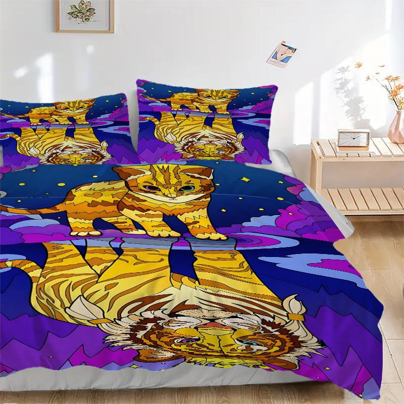 3pcs Tiger Cat Print Duvet Cover Set -Includes 1 Duvet Cover and 2 Pillowcases, No Quilt Core, All-Season Home Decor yy251111142