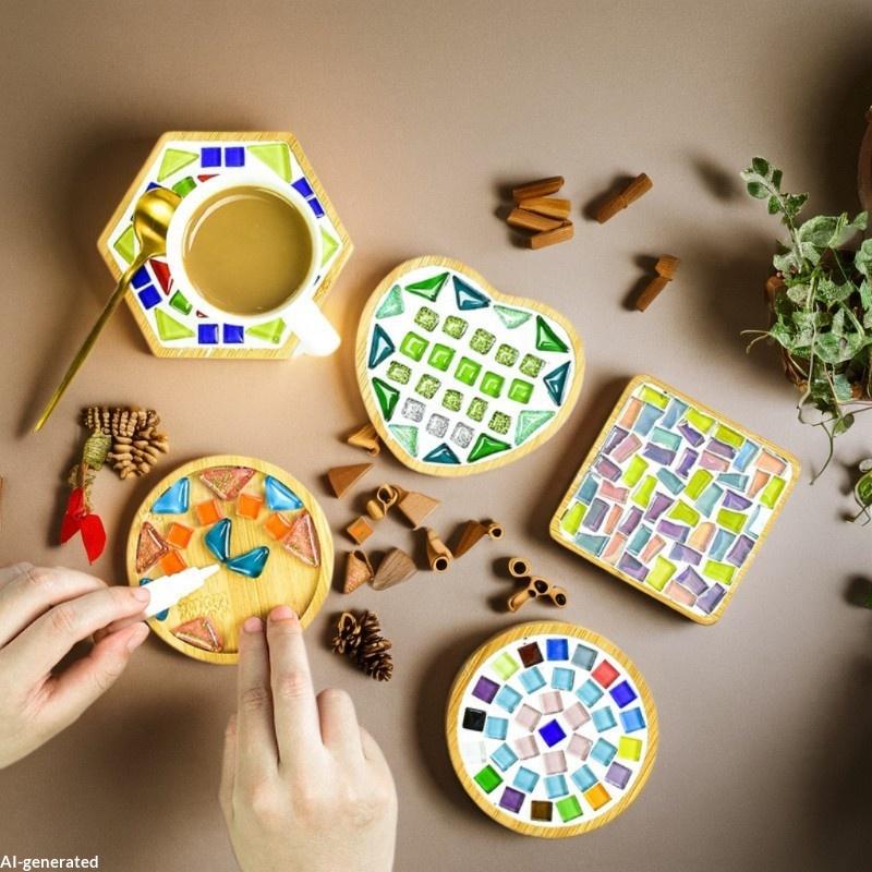 Square Round Diy Mosaic Cup Mat Mosaic Glass Handicraft Handmade Coaster Handmake Accessories Bamboo Pad Early Education