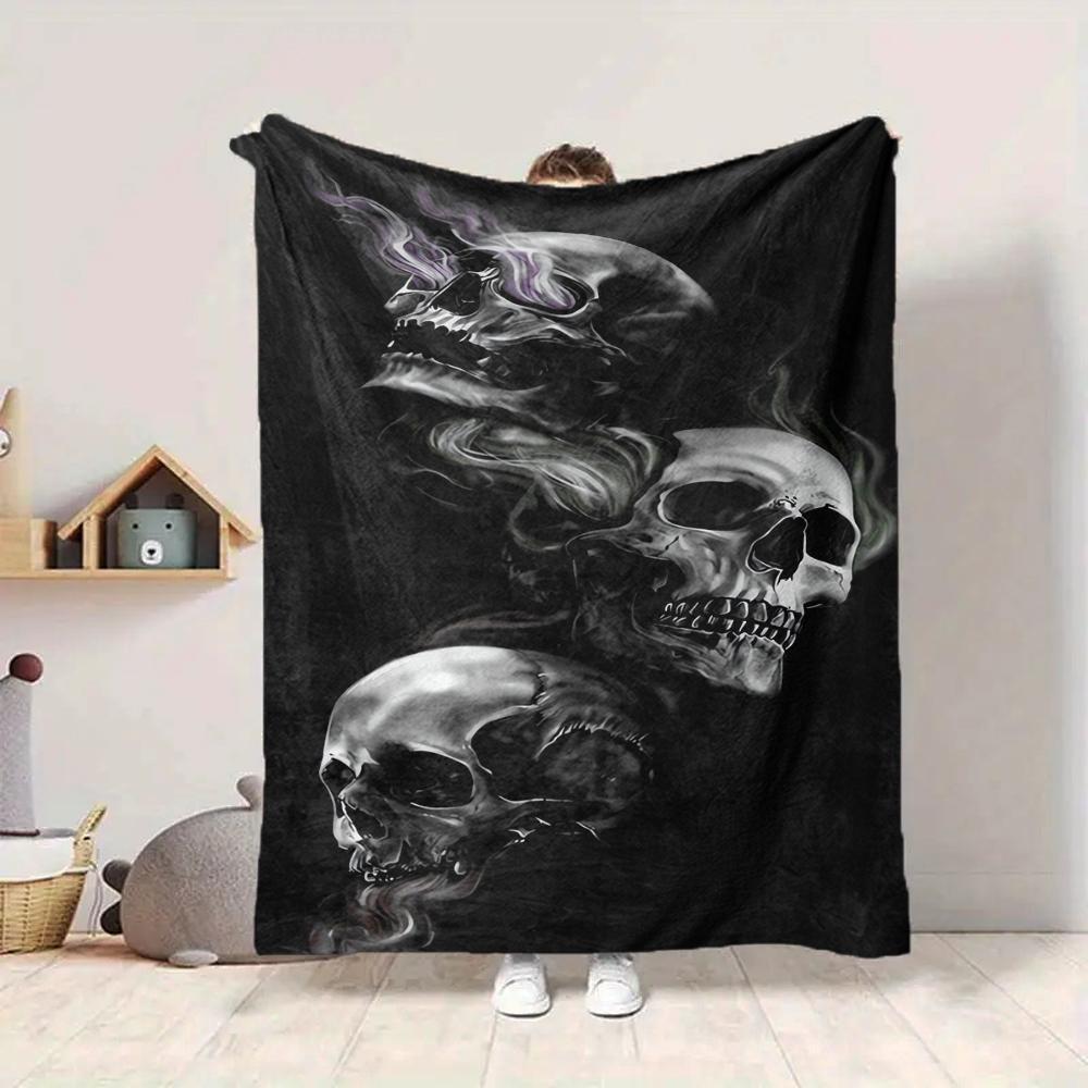 1Pc Smoky Skulls Darkness Blanket Soft And Comfortable Casual Warm Camping Travel Christmas Halloween Xmas Gift M928508