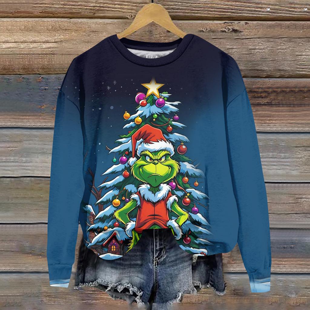 Ladies' Christmas Greentown Print Casual Long Sleeved Round Neck Sports Hoodie Top