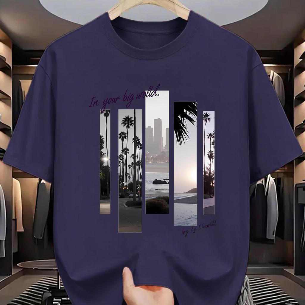 2025 Men's Summer 100 Cotton Fashionable Casual Sports Loose Plus Size Letter Pattern Printed Round Neck Short Sleeved T-shirt