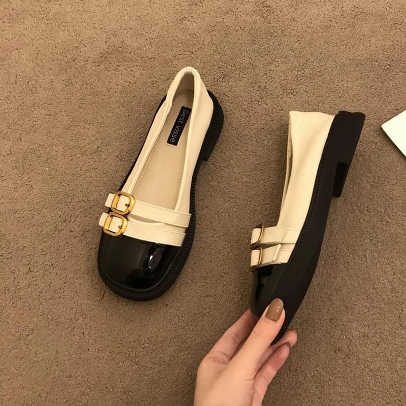 Модные винтажные лоферы с двойной пряжкой на низком каблуке для женщин 2025 весна пэчворк из искусственной кожи женские балетки