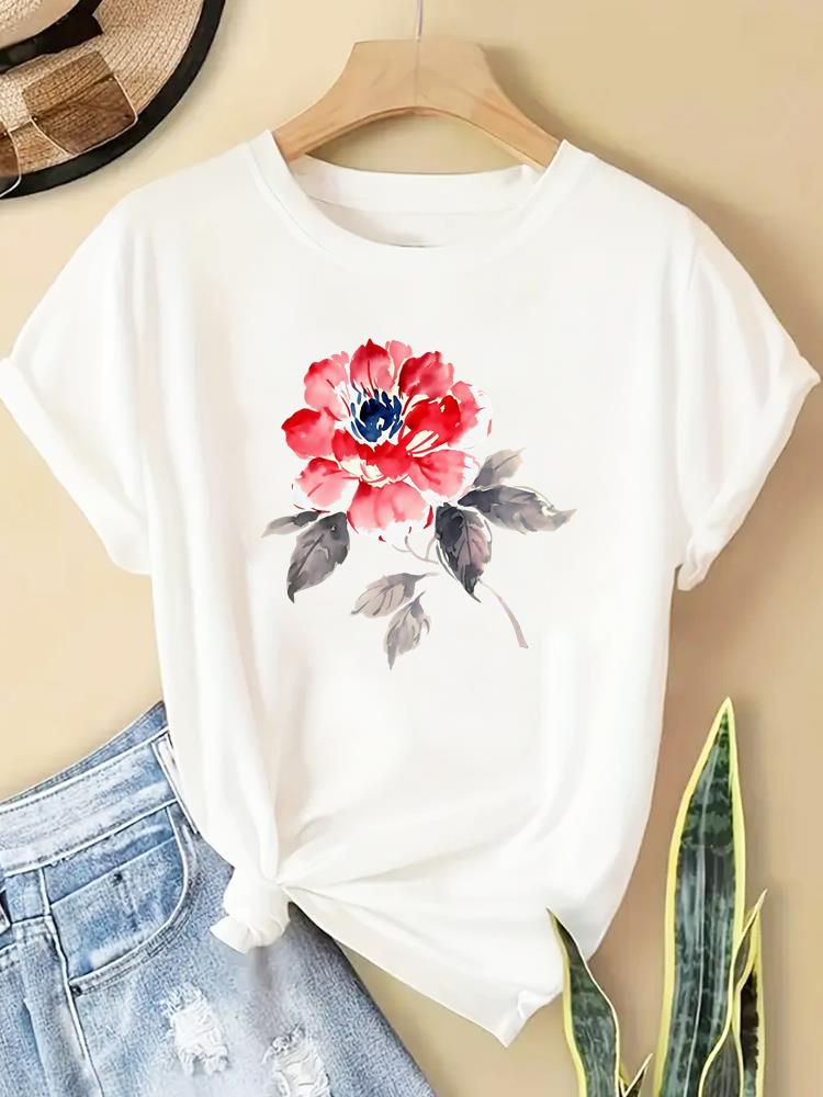 (Азиатский размер) Футболка в милом цветочном стиле Модная женская футболка Топ Одежда Повседневная с принтом Женская Графическая с коротким рукавом