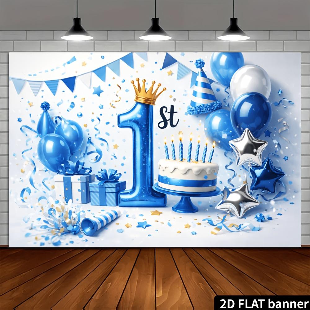 Плоский 2D фон для дня рождения 1-летнего ребенка, сине-белый воздушный шар-корона с элементом цифры 1, настенное украшение