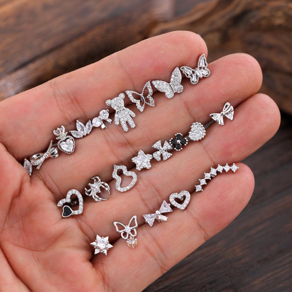 Набор из 10 серег для хряща средней части хеликса, трагуса, конха, 20G, гипоаллергенная хирургическая нержавеющая сталь, циркон, женские пирсинг-украшения