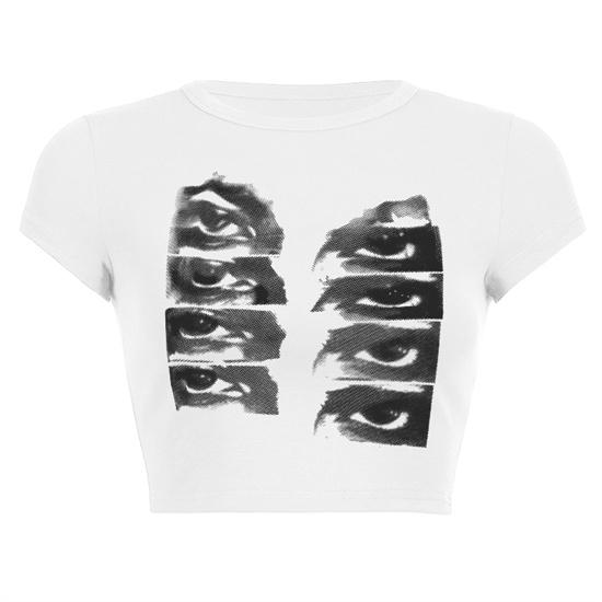 Винтажная футболка с короткими рукавами, женская Y2k, укороченный топ с эстетическим графическим принтом глаз, уличная одежда, Harajuku, готическая футболка с круглым вырезом, тонкая