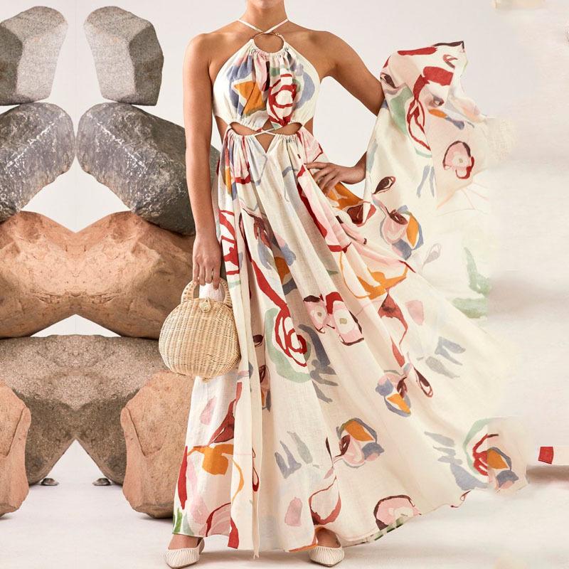 Spring and summer new European and American women's clothing slim-fitting swing dress sexy suspender print dress beach dress