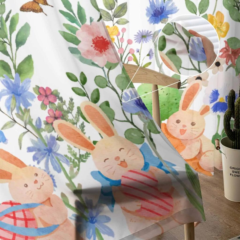 Тюлевые шторы с акварелью, кроликом, цветком и растением для гостиной, прозрачные занавески для спальни, кухни, жалюзи, вуаль, шторы