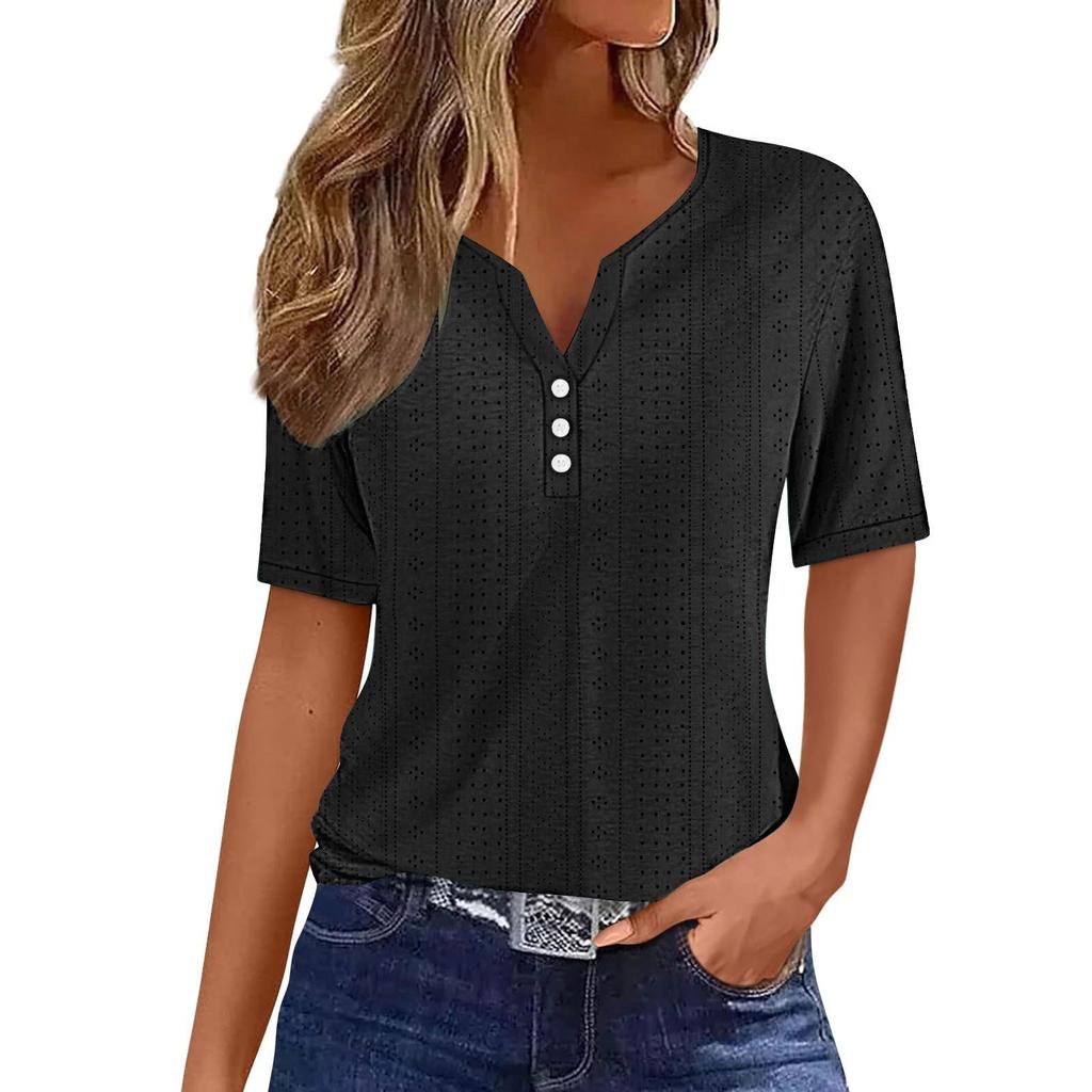 Women's T Shirt Tee Casual V-neck Short-sleeved T-shirt Solid Button Top