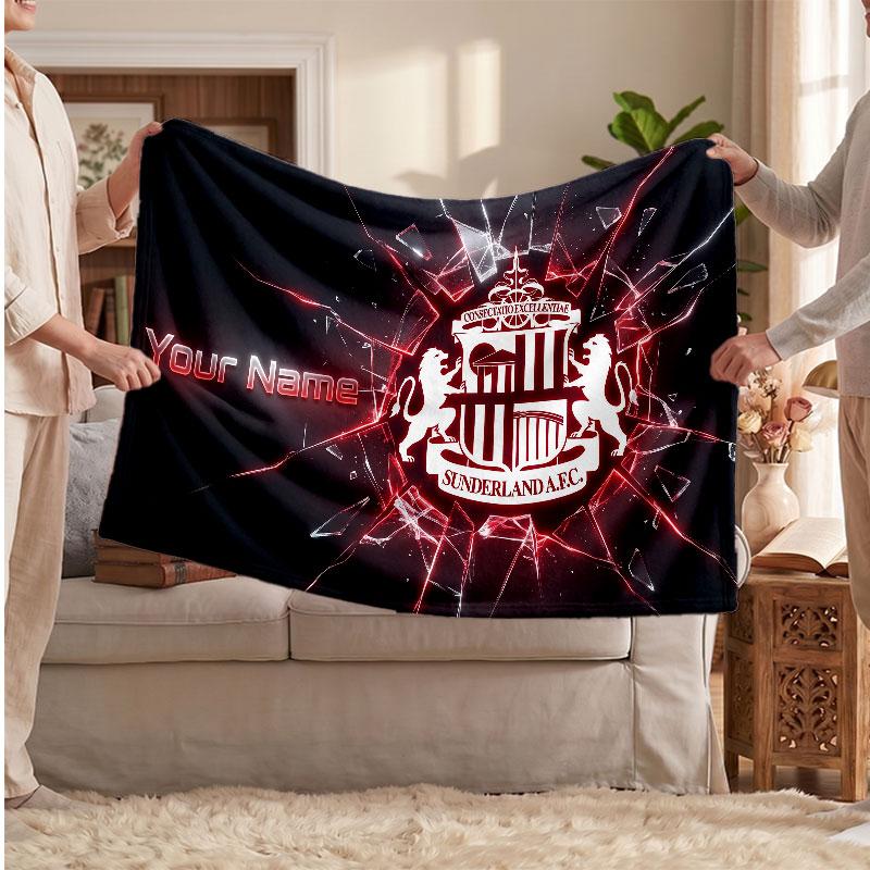 Sunderland FC Personalized Fleece Blanket With Football Logo, Custom Name Text Soft Warm Home Throw Blanket