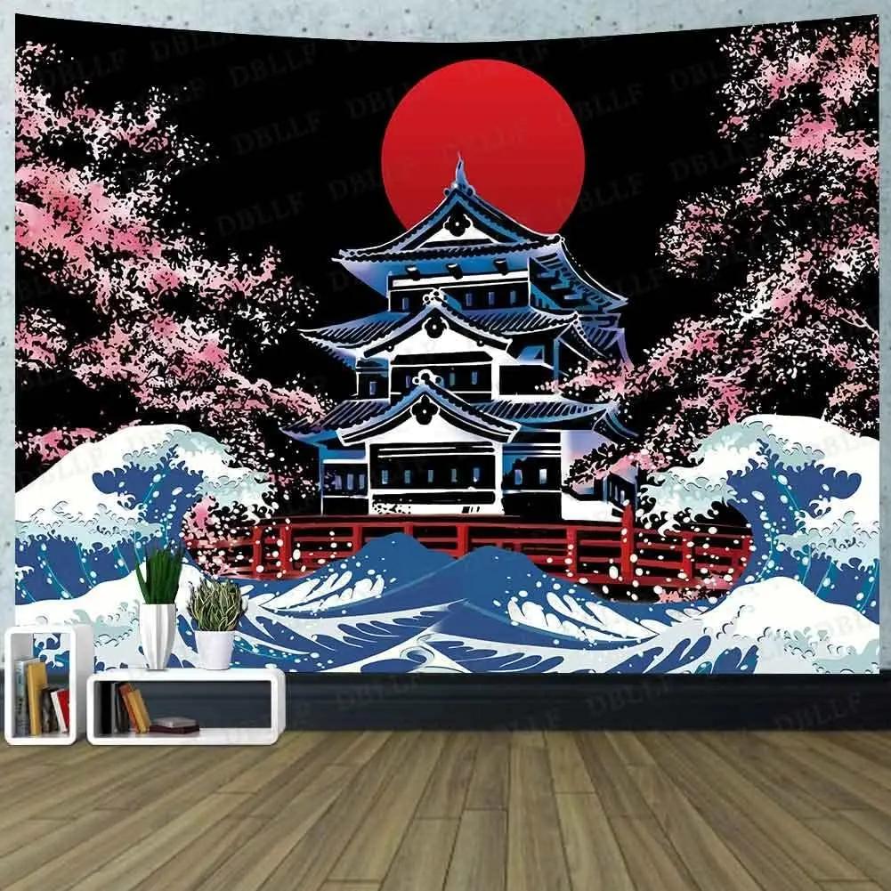 Japanese Style Tapestry Wall Hanging Great Wave Banner Background Tokyo Red Sun Cherry Blossoms Scenery Mural Wall Art