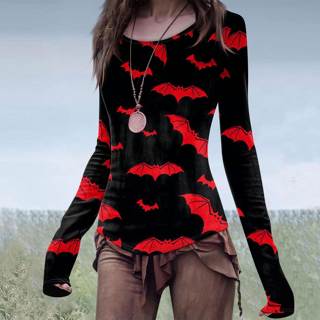 Women's Fashion Casual Mori Slim Long Sleeve Halloween Printed Round-Neck Regular Top