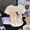 Womens WaistDefining Elastic T Shirt Floral Letters D printed Short Sleeve Round Neck top tee Summer Outdoor tshirts