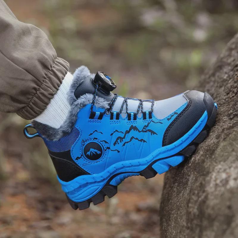 2023 Autumn Boys' Mid-Cut Velvet Hiking Shoes - Warm, Large-Size Sports Footwear for Kids