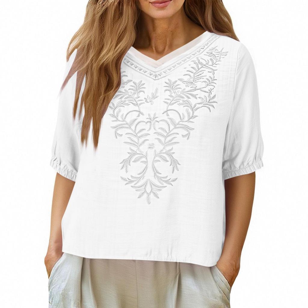 Womens Embroidered Tops Half Sleeve V Neck Shirts Loose Casual  Tops Retro Blouses