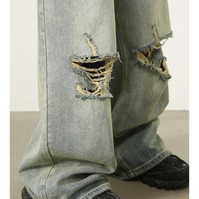 Мужские джинсы в корейском ретро-стиле, молодежные стритвир, широкие, мешковатые, рваные, полной длины, потертые, стирка деним