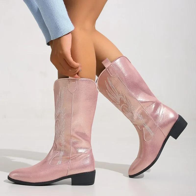 Women Fashion Slip On Knight Boots Ladies Autumn Winter Thick Sole Knight Shoes Pointed Toe Square Heel Embroidered Cowboy Boots