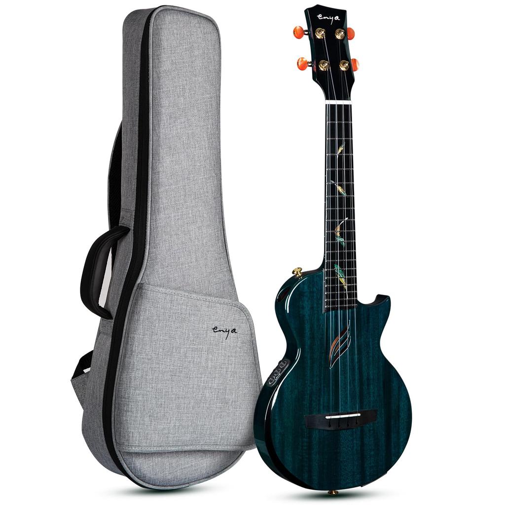Enya EUT-Feather Acoustic Plus Tenor Electric Ukulele, All Solid Mahogany (3-Piece CNC Machined) with Colorful Feather Inlays, Double Strap Case, and