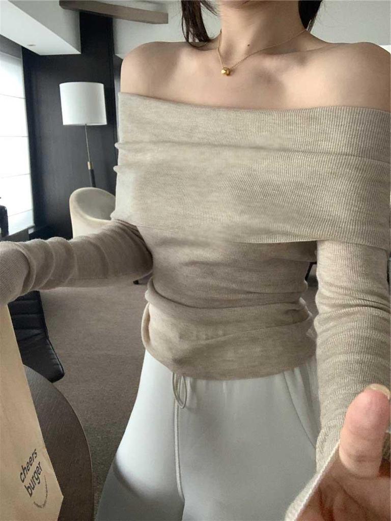 Women's Apricot One-Shoulder Knit Sweater: Soft, Long-Sleeve, Sexy Off-Shoulder Top for Autumn.