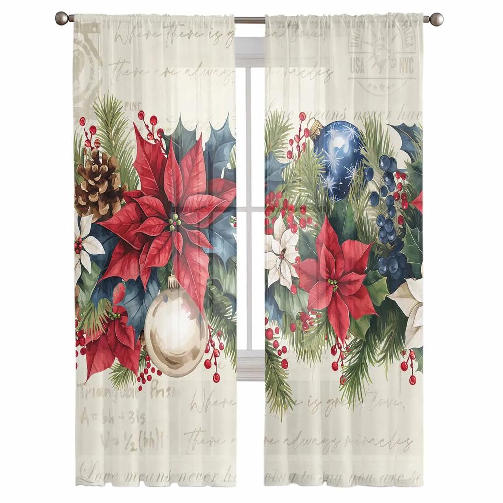 Christmas Watercolor Poinsettia Sheer Curtains for Living Room Decoration Window Curtains Kitchen Tulle Voile Curtains
