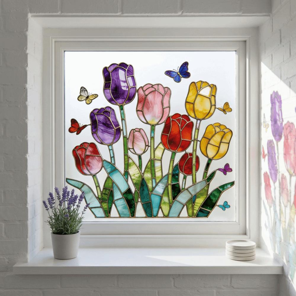 Self-adhesive Tulip Glass Stickers Removable Tulip Butterfly Wallpaper Window