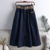 Cotton Midi Skirt With Belt Women Single -Breasted Large Pockets High Waist A -Line Skirt Autumn Summer Korean Fashion Long Skirt