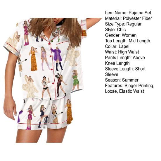 2 Pcs/Set Summer Pajama Set Country Music Singer Fans Sleepwear Satin Lapel Button-down Shirt Shorts Set Loose Elastic Waistband Shorts Pajama