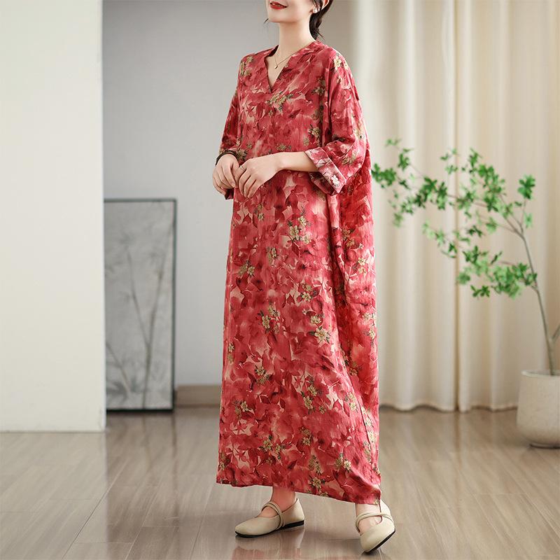 Ранняя весна отпуск стиль туризм V-образный вырез художественный ретро свободный повседневный средней длины закрытое платье