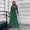 2025 Autumn and Winter Women's New V-neck Long-sleeved Pleated A-shaped Skirt Medium and Long Dress