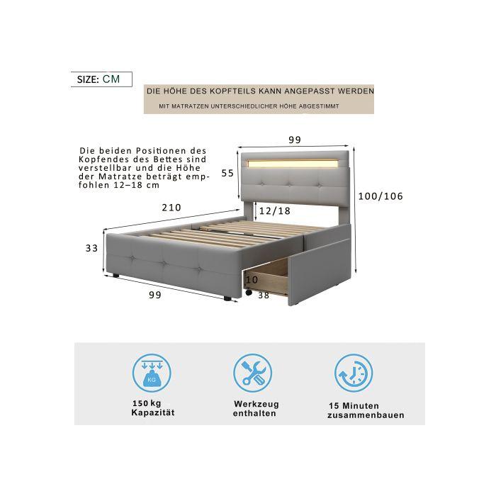 Мягкая кровать - MUVOE - 90x200 см - Светодиодная подсветка - 2 ящика - Нежно-серый