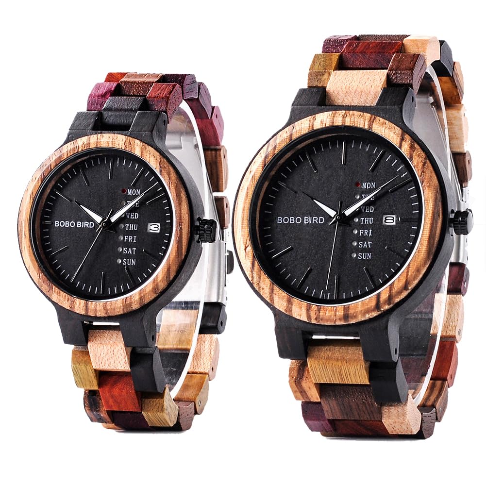 BOBO BIRD Wooden Watch Colorful Wood Watch Day Date Display Multifunctional Handmade Quartz Watch Sports Chronograph Unique Men's Women's (Couple)