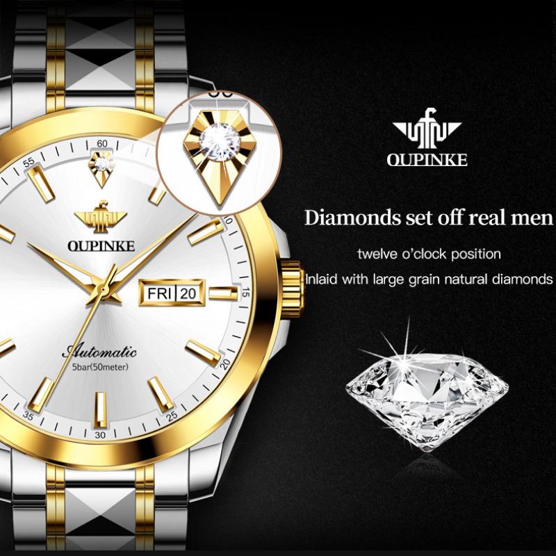 OUPINKE Мужские часы с двойным календарем, автоматические механические часы, водонепроницаемые высококачественные часы с бриллиантами