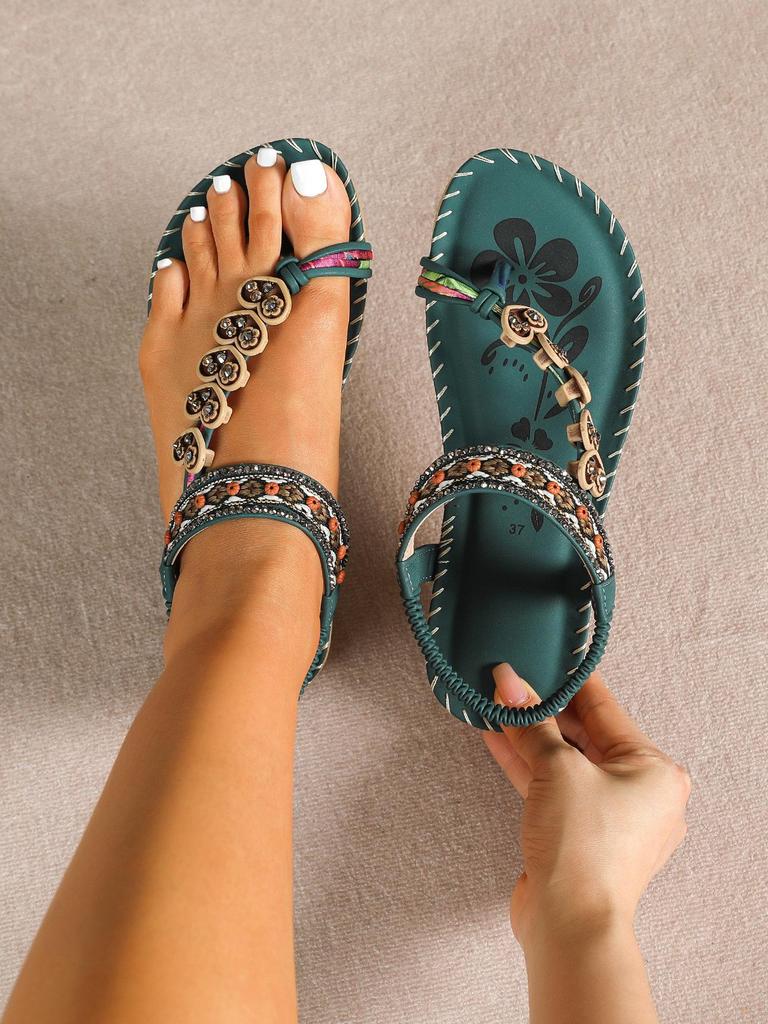 Bohemian Spring 2024 Rhinestone Flower Open-Toed Sandals for Outdoor Beach