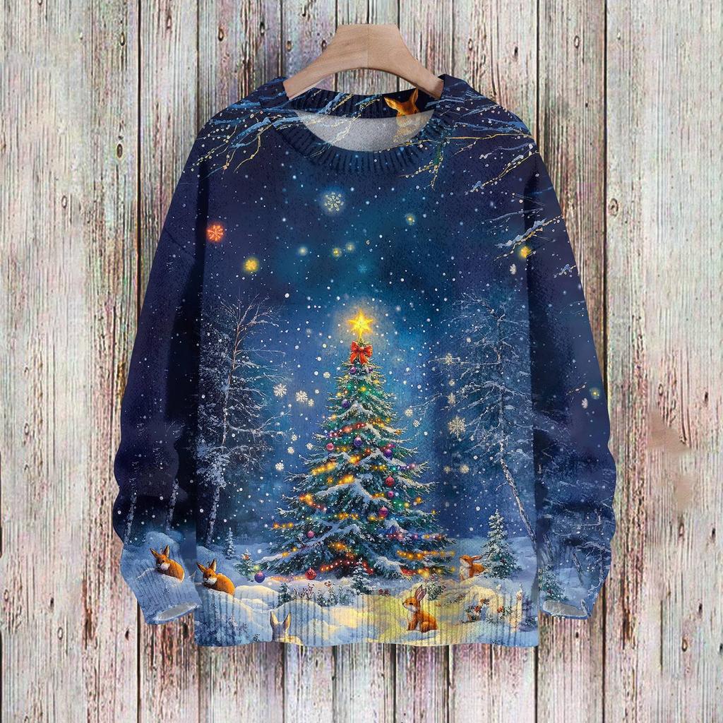 Рождественские толстовки для женщин Вязаный свитер Милая рубашка Осенний свитер с круглым вырезом Топы