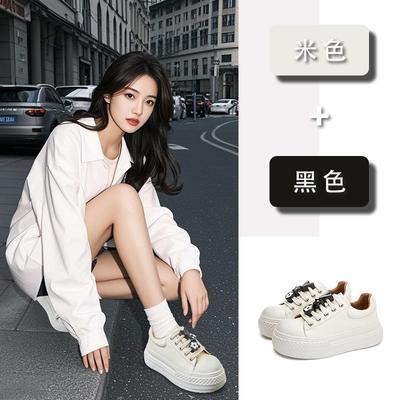 Первый слой коровьей кожи маленькие белые туфли женские 2025 весна новые на толстой подошве увеличивающие рост кеды женские с большой головой обувь для пожилых женщин