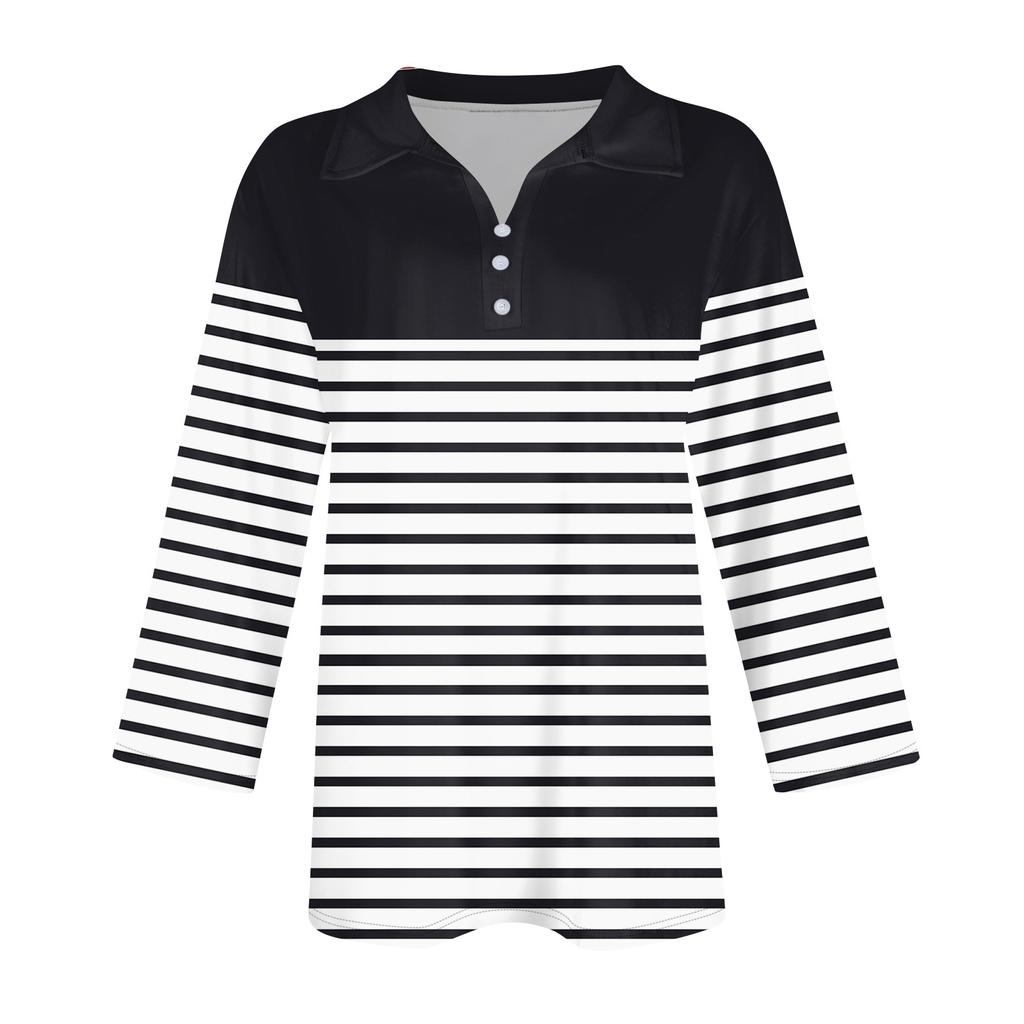 Женская модная повседневная рубашка с отворотом и рукавом 3/4 с принтом, женские топы на пуговицах с V-образным вырезом