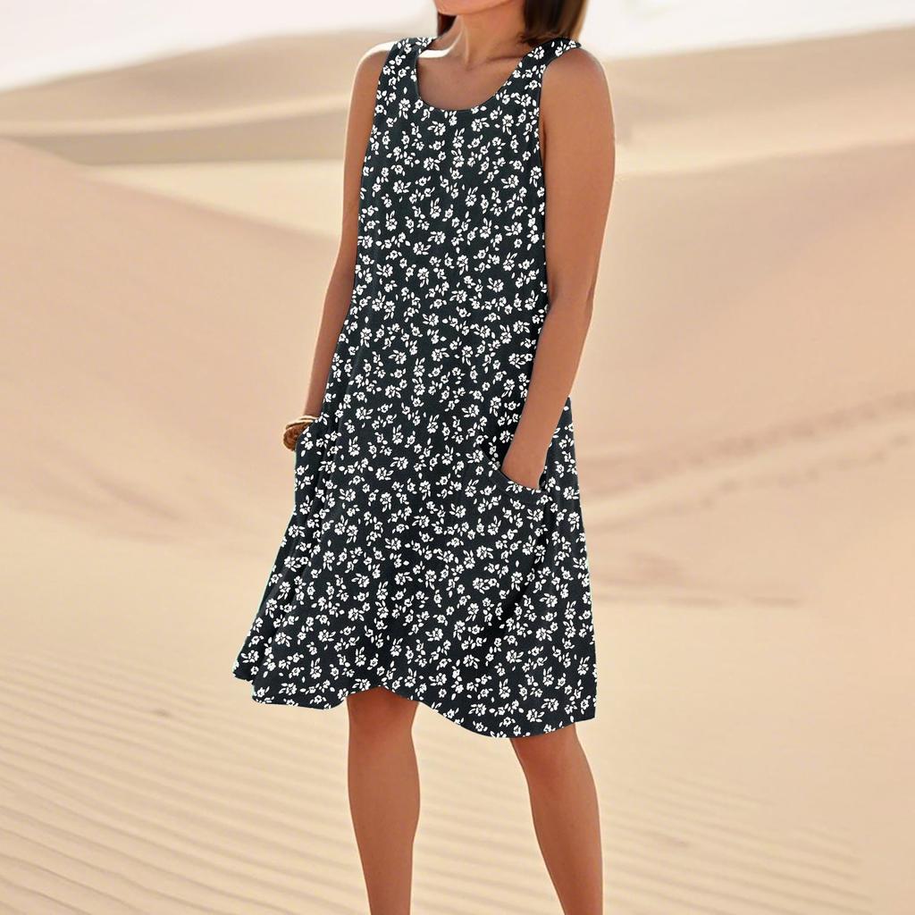 Women's Casual Summer Floral Print Sleeveless Pocket Dress