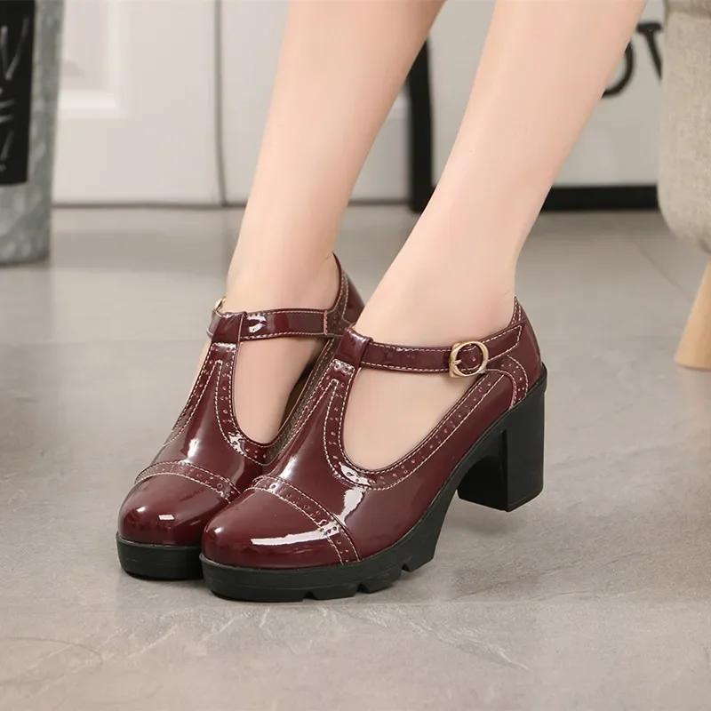 Женские туфли-лодочки 2024 года, новая коллекция весна-лето, женские туфли на блочном каблуке, с пряжкой, на высоком каблуке, туфли Мэри Джейн в британском стиле в стиле ретро