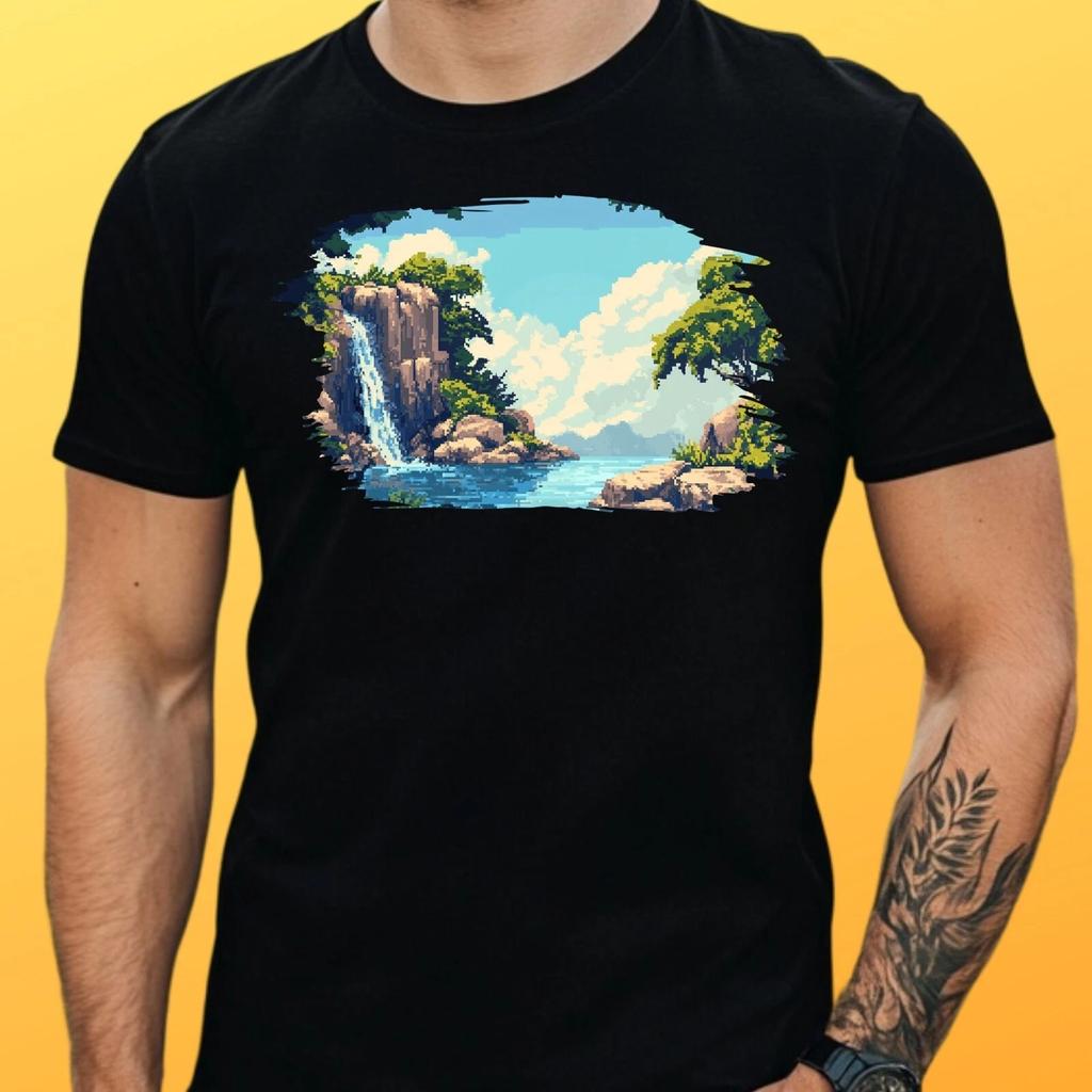 T-Shirt Herren Pixel Art Landschaft Motiv Baumwolle Größe S bis 5XL