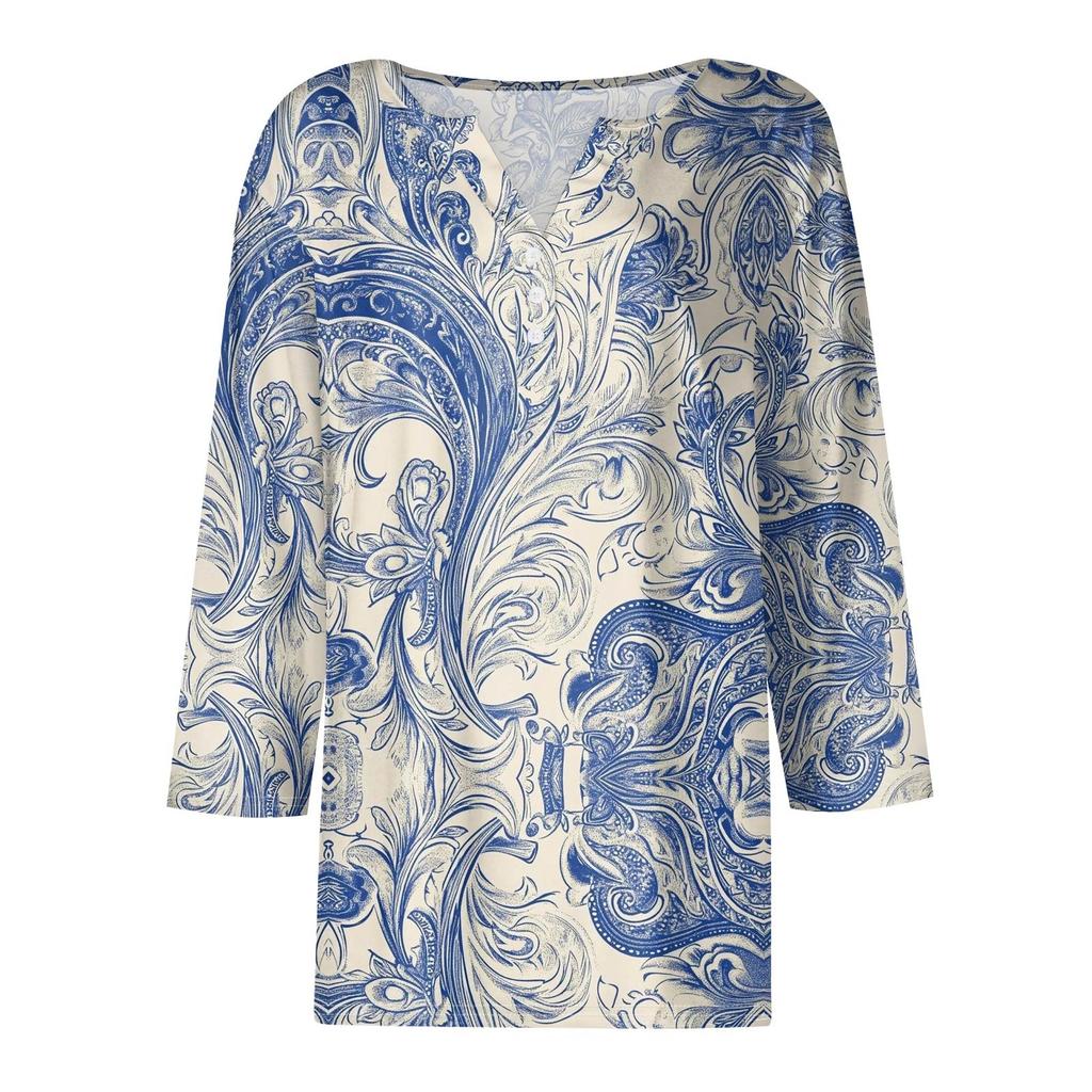 Women's T Shirt Print Button 3/4 Sleeve Daily Weekend Fashion Basic V- Neck Regular Top