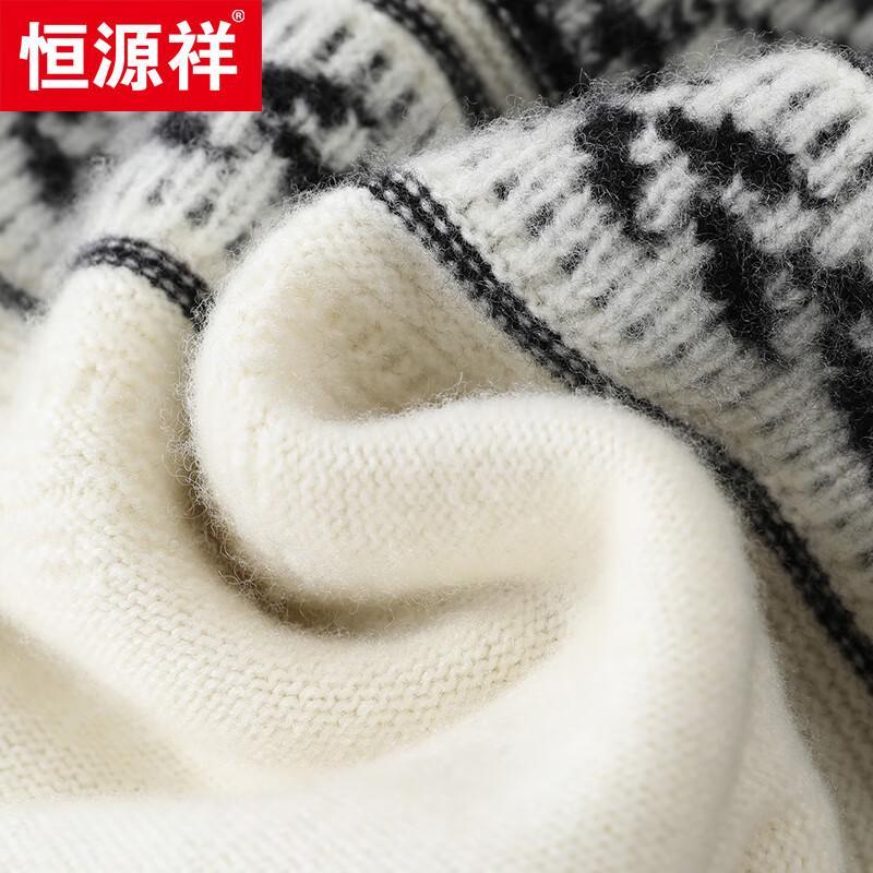 Hengyuanxiang Men's 100% Wool Thick Jacquard Round Neck Sweater