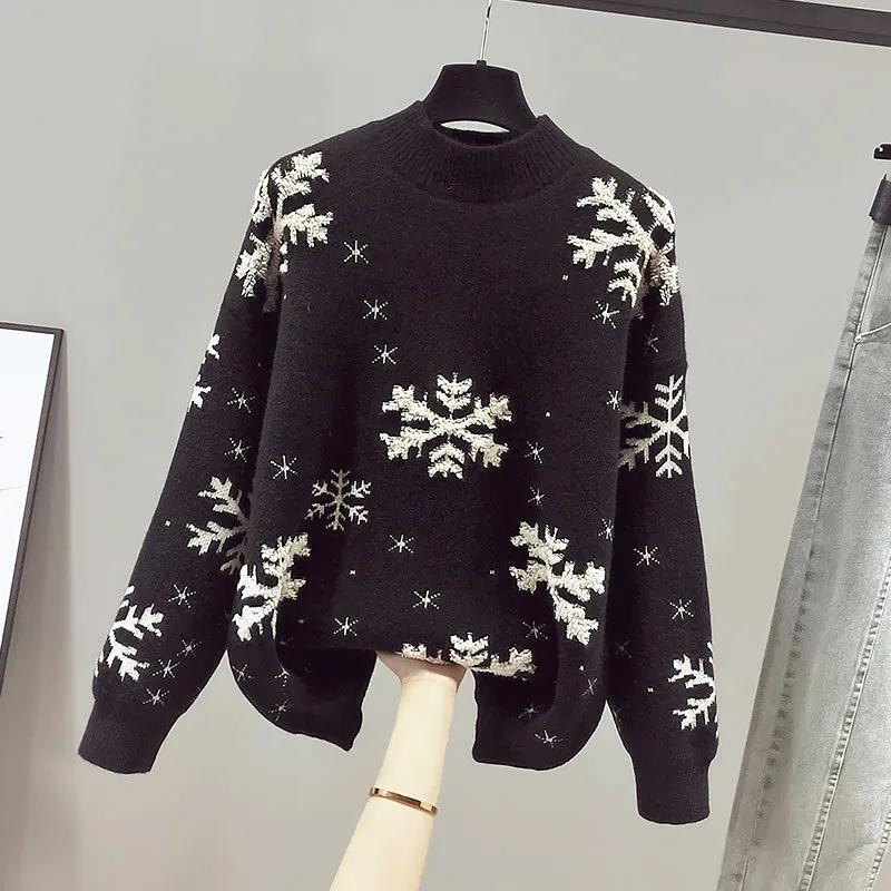 Women Christmas Sweaters Red Black Long Sleeve Jumpers Female Casual Mock Neck Pullovers Snowflake Pattern New Year Sweaters