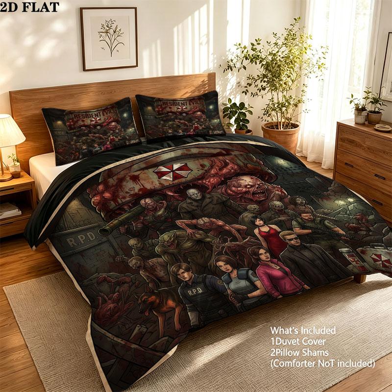 Resident Evil Pattern Bedding Quilt Set Quilt Cover Pillowcase Home Birthday Gift(1 * duvet cover + 2 * pillowcase, without core)