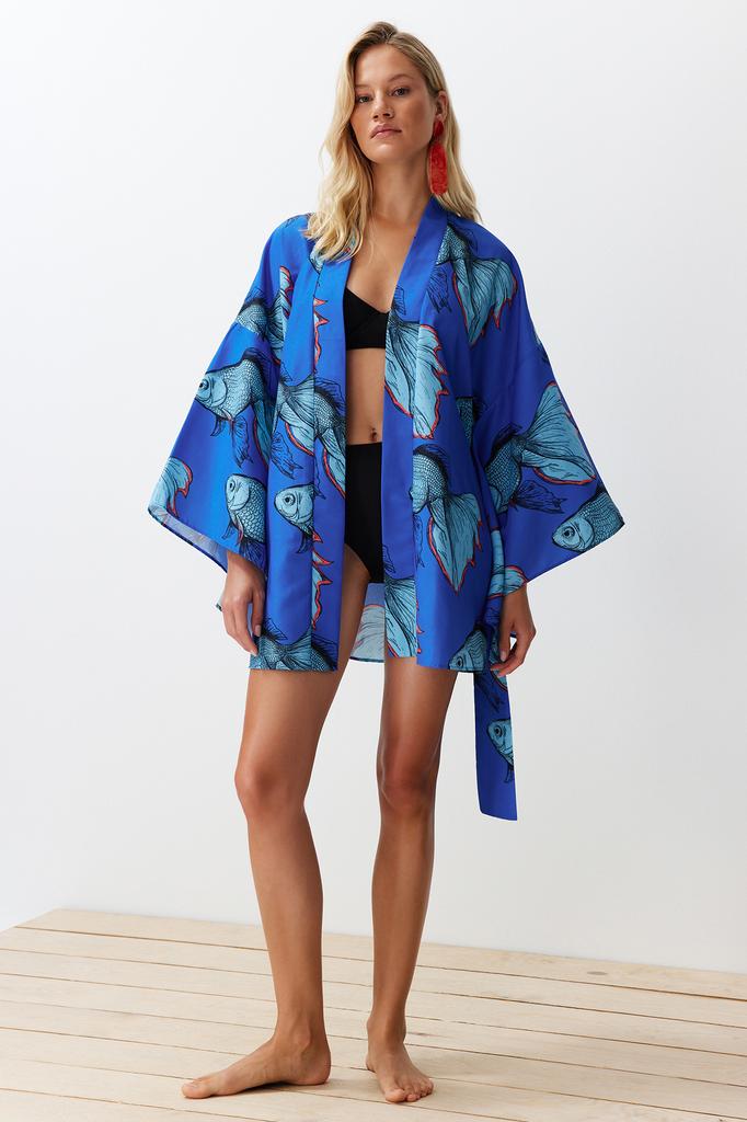 Women's Fashion New Kimono&Kaftan Floral Pattern Belted Mini Woven KimonoKaftan