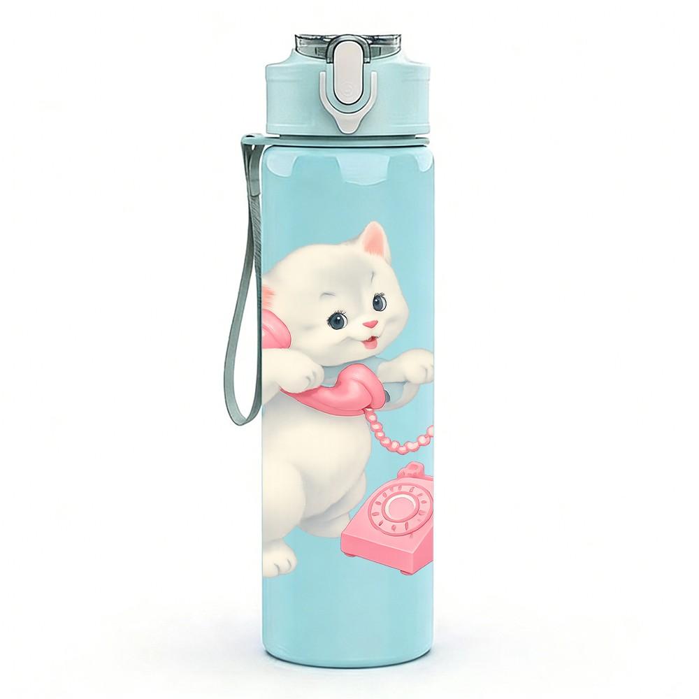 1PC White Kitten With Pink Bag 750ml Color Plastic Sports Water Bottle Leakproof Flip Straw Lid Suitable for Sports Office Home Use