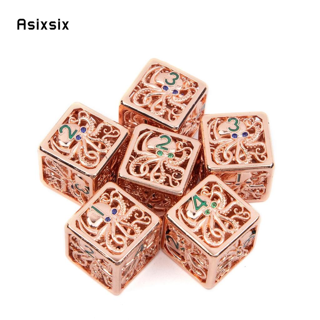 6 Pcs Light Red Squid Metal Dice Hollow Metal Polyhedral Dice Set Suitable for Role-Playing RPG Board Game Card Game